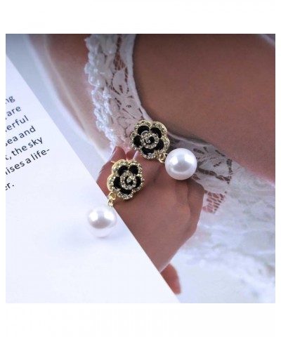 Boho Black Crystal Flower Earrings Vintage CZ Flower Pearl Dangle Earrings Gold Black Camellia Stud Earrings White Pearl Stat...