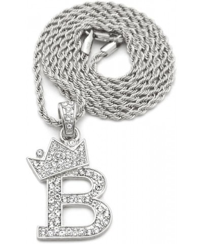 Unisex Small Pave Crowned Initial Alphabet Letter Pendant 24 inches Rope Chain Necklace in Gold Silver Tone B - Silver Tone $...