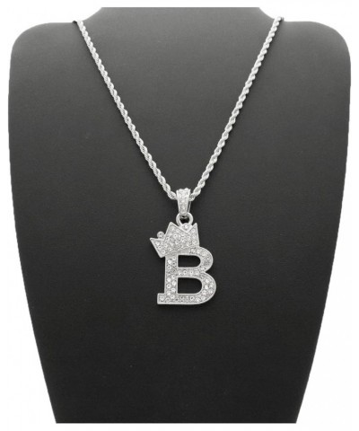 Unisex Small Pave Crowned Initial Alphabet Letter Pendant 24 inches Rope Chain Necklace in Gold Silver Tone B - Silver Tone $...