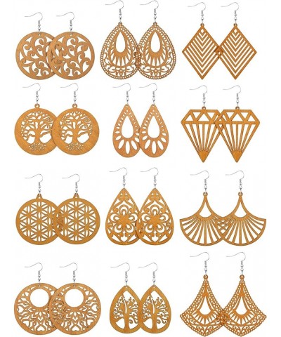 12 Pairs African Earrings Wooden Boho Drop Earrings Bohemian Pendant Dangle Earrings Lightweight Ethnic Style Wood Earrings f...