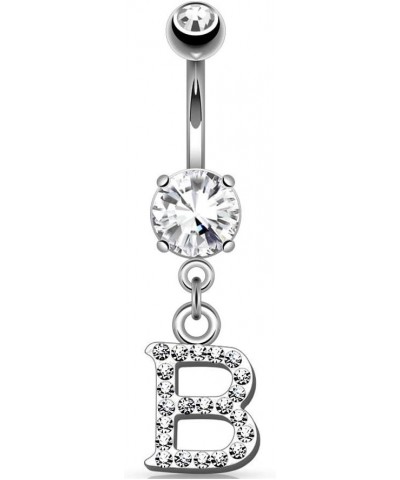 14GA Sparkly Clear Gem Paved Initial Dangle Belly Button Ring J $11.79 Body Jewelry