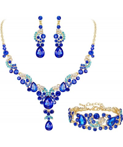 Rhinestone Crystal Bridal Art Deco Floral Wave Teardrop Necklace Earrings Bracelet Jewelry Set 13_Royal Blue Gold-Tone $16.51...