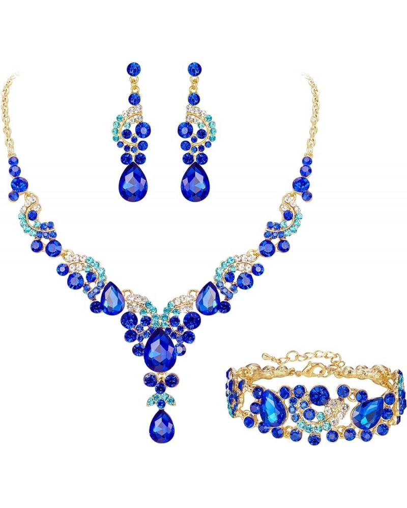 Rhinestone Crystal Bridal Art Deco Floral Wave Teardrop Necklace Earrings Bracelet Jewelry Set 13_Royal Blue Gold-Tone $16.51...