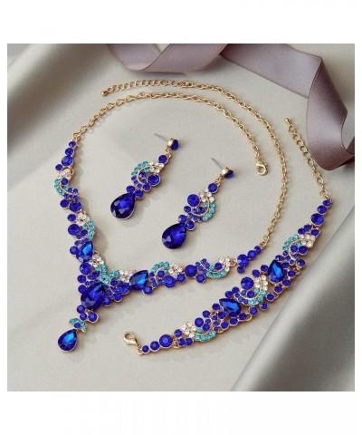 Rhinestone Crystal Bridal Art Deco Floral Wave Teardrop Necklace Earrings Bracelet Jewelry Set 13_Royal Blue Gold-Tone $16.51...