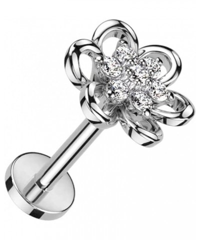 Hollow Flower With CZ Center Top Surgical Steel Internally Threaded Labret, Flat Back Stud 16GA, L: 5/16" (8mm), Clear $10.50...