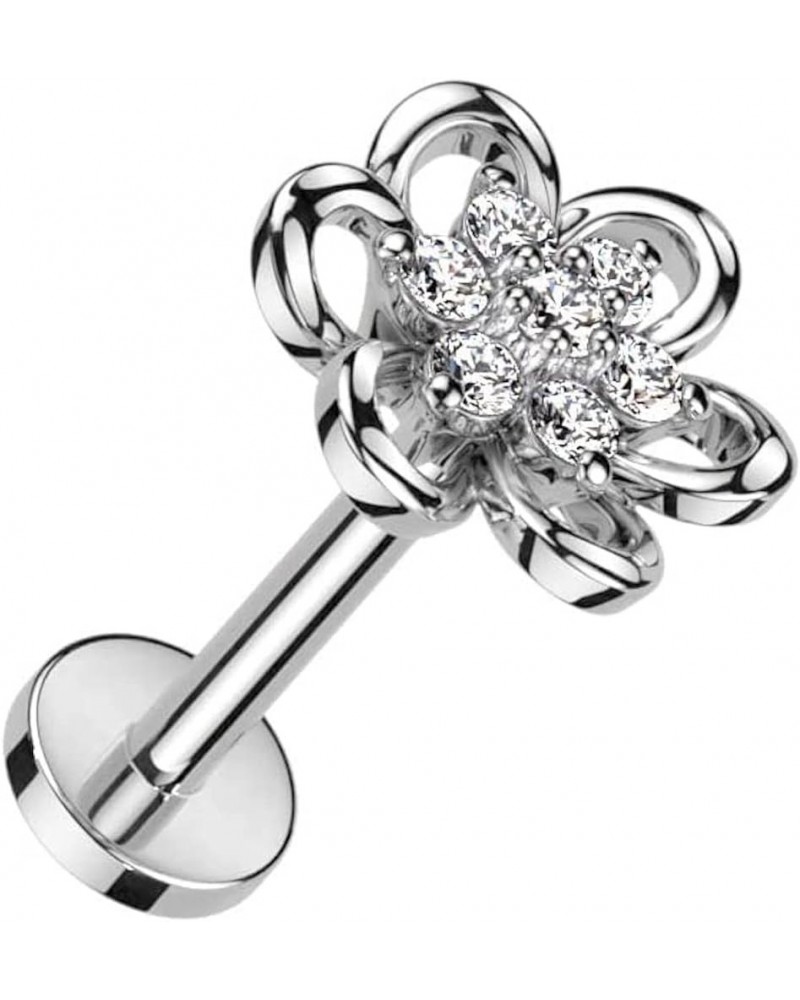 Hollow Flower With CZ Center Top Surgical Steel Internally Threaded Labret, Flat Back Stud 16GA, L: 5/16" (8mm), Clear $10.50...