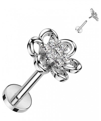 Hollow Flower With CZ Center Top Surgical Steel Internally Threaded Labret, Flat Back Stud 16GA, L: 5/16" (8mm), Clear $10.50...