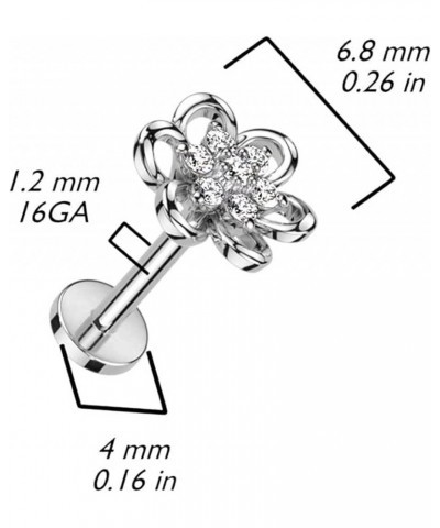 Hollow Flower With CZ Center Top Surgical Steel Internally Threaded Labret, Flat Back Stud 16GA, L: 5/16" (8mm), Clear $10.50...
