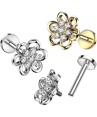 Hollow Flower With CZ Center Top Surgical Steel Internally Threaded Labret, Flat Back Stud 16GA, L: 5/16" (8mm), Clear $10.50...