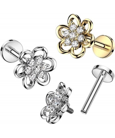 Hollow Flower With CZ Center Top Surgical Steel Internally Threaded Labret, Flat Back Stud 16GA, L: 5/16" (8mm), Clear $10.50...