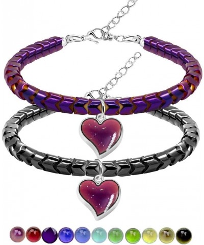 A Pair of Gear-shape Hematite Bracelets with Color Changing Thermo Sensitive Mood Heart Charms, Couples Love Heart Bangles Gi...