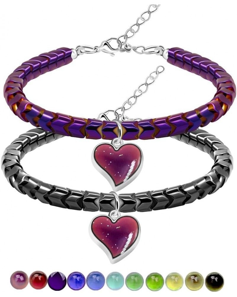 A Pair of Gear-shape Hematite Bracelets with Color Changing Thermo Sensitive Mood Heart Charms, Couples Love Heart Bangles Gi...