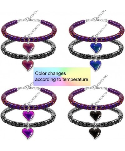 A Pair of Gear-shape Hematite Bracelets with Color Changing Thermo Sensitive Mood Heart Charms, Couples Love Heart Bangles Gi...