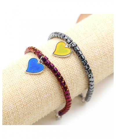 A Pair of Gear-shape Hematite Bracelets with Color Changing Thermo Sensitive Mood Heart Charms, Couples Love Heart Bangles Gi...