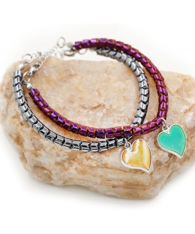 A Pair of Gear-shape Hematite Bracelets with Color Changing Thermo Sensitive Mood Heart Charms, Couples Love Heart Bangles Gi...