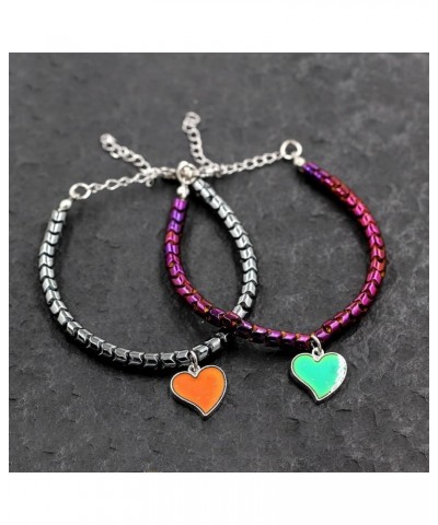 A Pair of Gear-shape Hematite Bracelets with Color Changing Thermo Sensitive Mood Heart Charms, Couples Love Heart Bangles Gi...