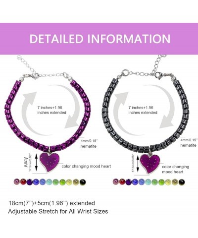 A Pair of Gear-shape Hematite Bracelets with Color Changing Thermo Sensitive Mood Heart Charms, Couples Love Heart Bangles Gi...