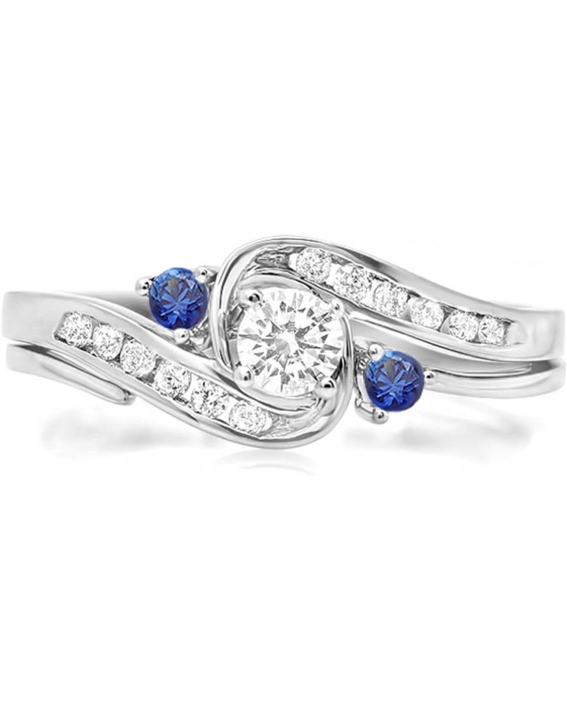 14K Round Blue Sapphire & White Diamond Ladies Swirl Bridal Engagement Ring Matching Band Set, White Gold $243.44 Sets