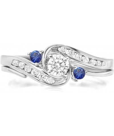 14K Round Blue Sapphire & White Diamond Ladies Swirl Bridal Engagement Ring Matching Band Set, White Gold $243.44 Sets