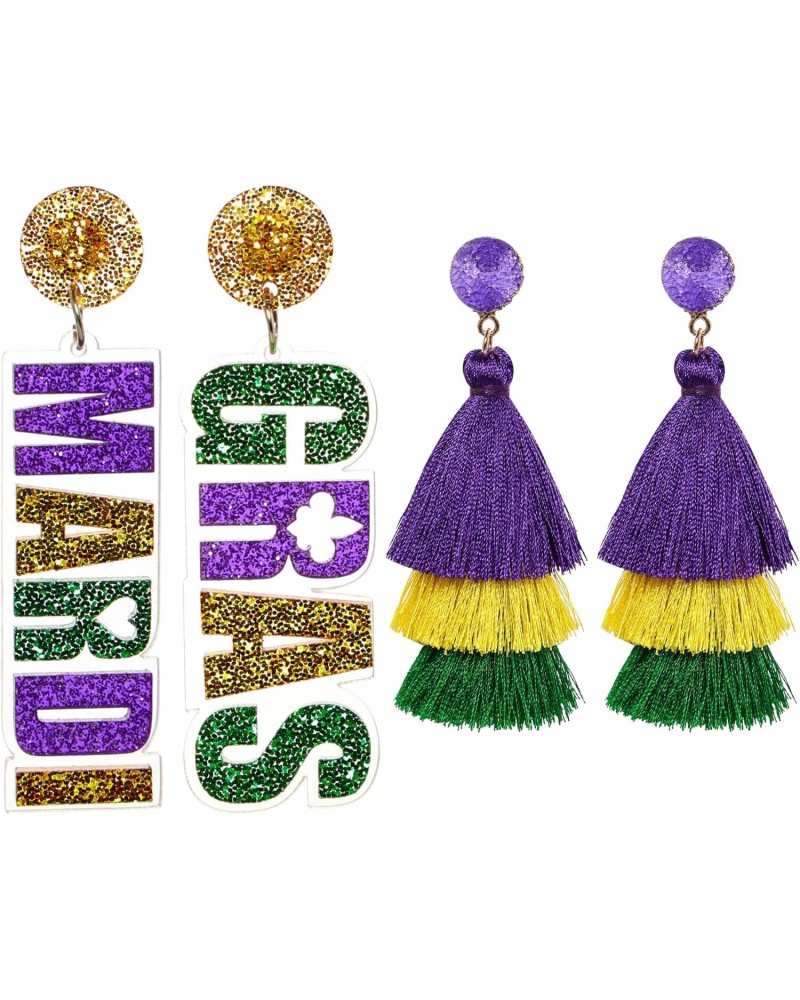 2 Pairs Mardi Gras Drop Earrings for Women Mardi Gras Tiered Tassel Dangle Earrings and Beaded MARDI GRAS Drop Earrings Mardi...