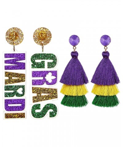 2 Pairs Mardi Gras Drop Earrings for Women Mardi Gras Tiered Tassel Dangle Earrings and Beaded MARDI GRAS Drop Earrings Mardi...