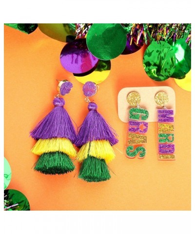 2 Pairs Mardi Gras Drop Earrings for Women Mardi Gras Tiered Tassel Dangle Earrings and Beaded MARDI GRAS Drop Earrings Mardi...