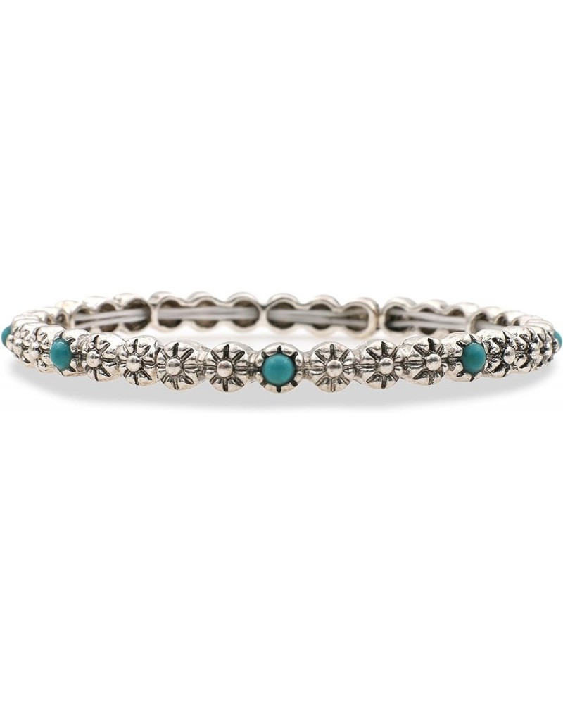 Western Style Turquoise Stone Stackable Etched Silver Tone Stretch Bracelet 5 $10.79 Bracelets