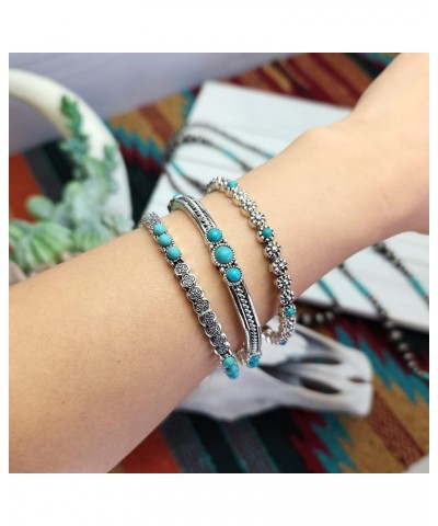 Western Style Turquoise Stone Stackable Etched Silver Tone Stretch Bracelet 5 $10.79 Bracelets