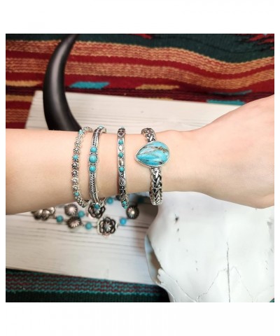 Western Style Turquoise Stone Stackable Etched Silver Tone Stretch Bracelet 5 $10.79 Bracelets