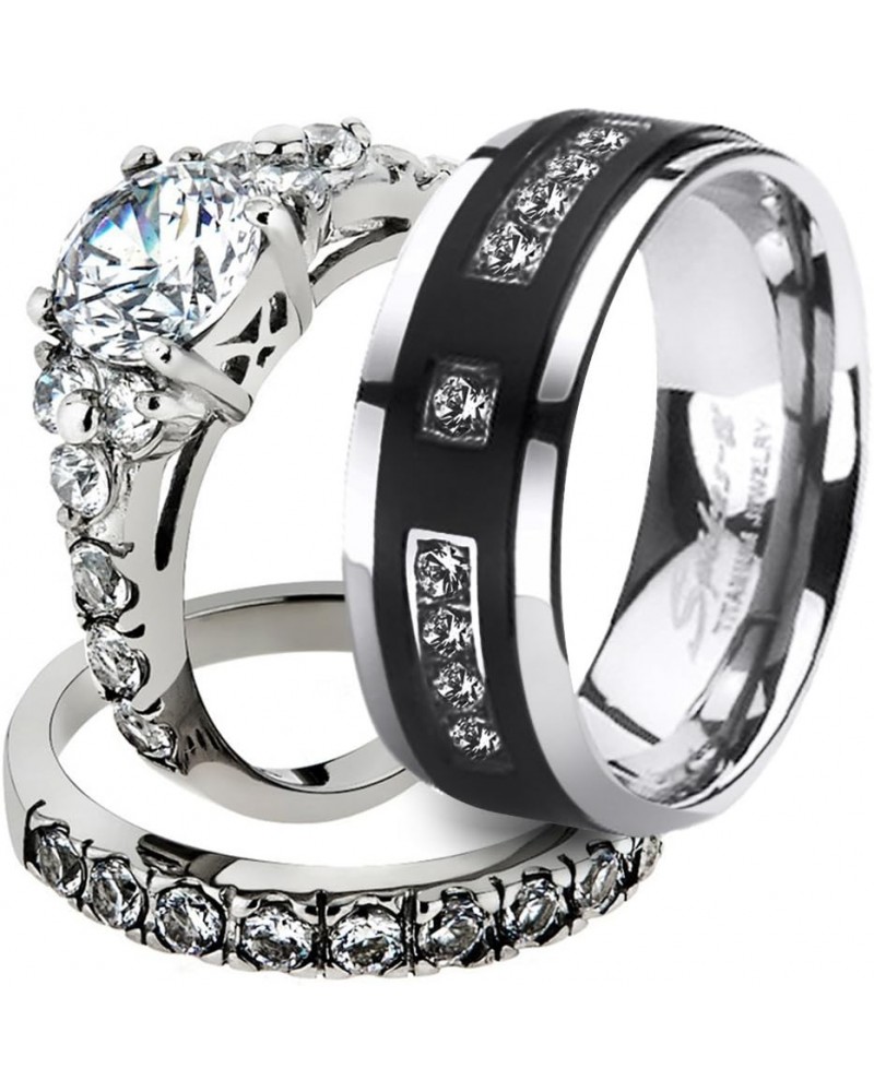 His and Her Stainless Steel 2.50 Carat Cubic Zirconia Bridal Set and Men's Titanium Wedding Band Women's Size 10 Men's Size 0...