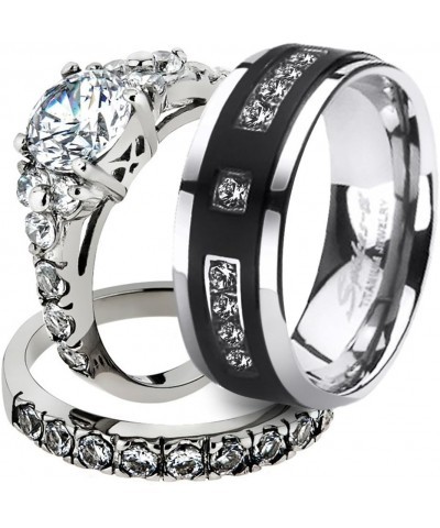 His and Her Stainless Steel 2.50 Carat Cubic Zirconia Bridal Set and Men's Titanium Wedding Band Women's Size 10 Men's Size 0...