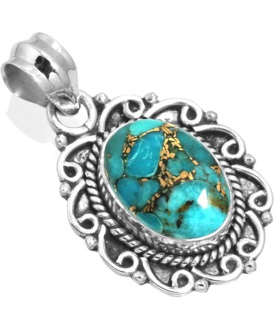 925 Sterling Silver Handmade Pendant for Women 10x14 Oval Gemstone Statement Jewelry for Gift (99528_P) Copper Blue Turquoise...