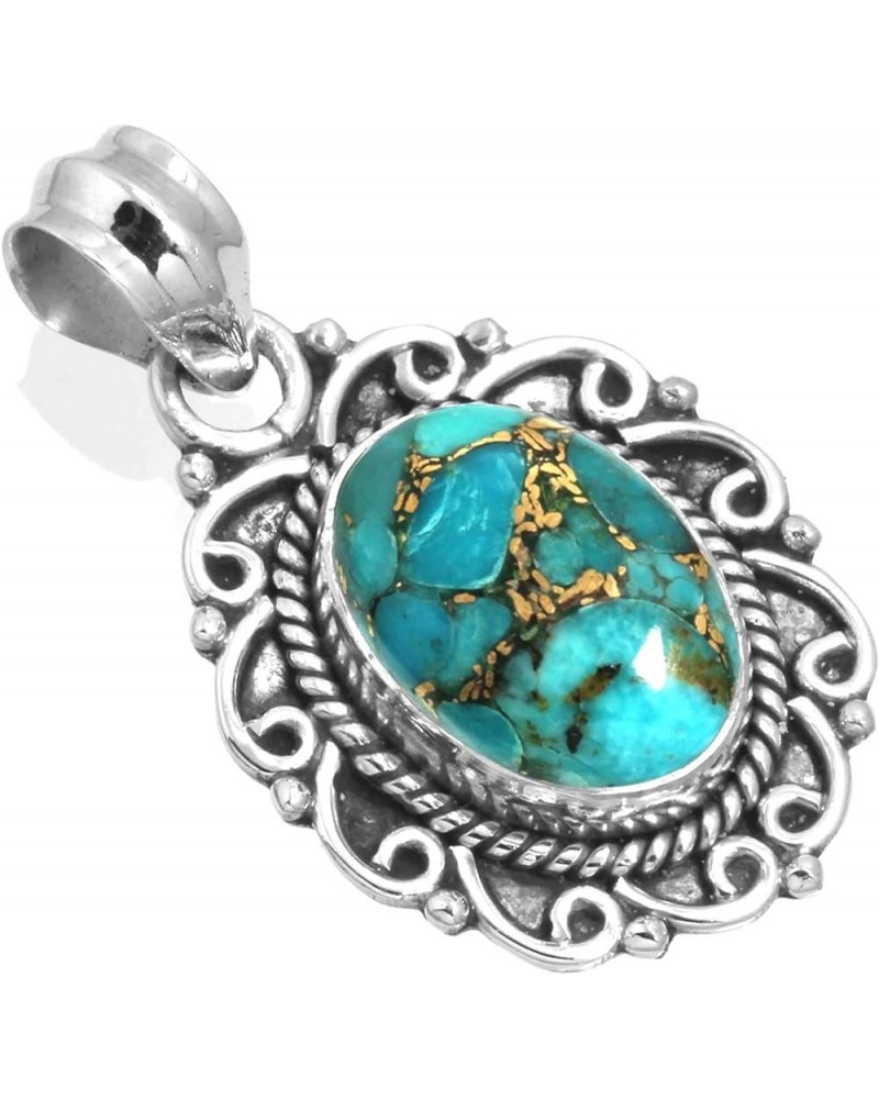 925 Sterling Silver Handmade Pendant for Women 10x14 Oval Gemstone Statement Jewelry for Gift (99528_P) Copper Blue Turquoise...