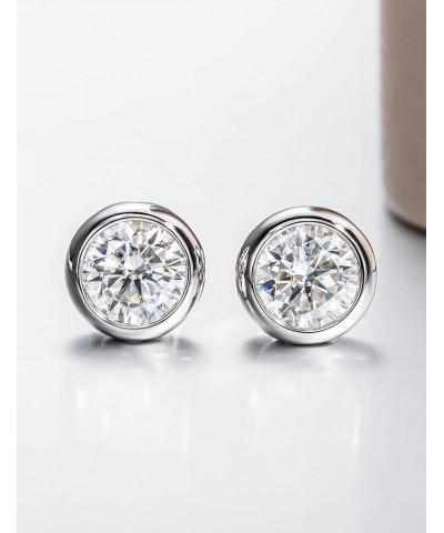 Bezel Moissanite Earrings for Women 1-2cttw Brilliant Round Cut Moissanite Stud Earrings Platinum Plated Sterling Silver Lab ...