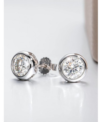 Bezel Moissanite Earrings for Women 1-2cttw Brilliant Round Cut Moissanite Stud Earrings Platinum Plated Sterling Silver Lab ...