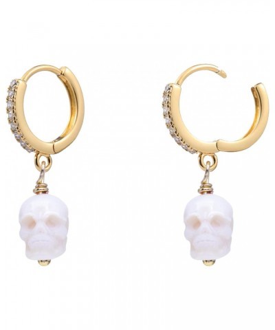 Pearl Huggie Earrings，Gothic Skull skeleton 14k Gold 925 Sterling Silver Drop Dangle Huggie Hoop Statement Earrings, Trendy D...