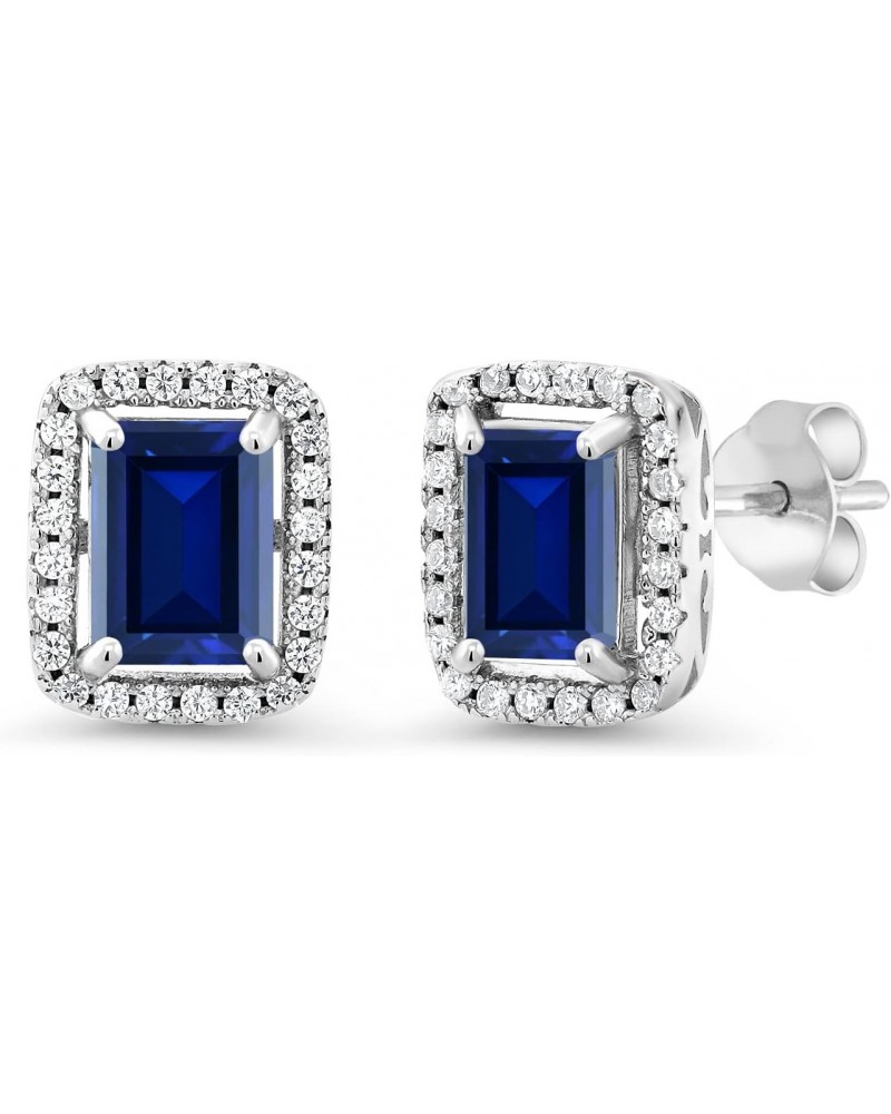 925 Sterling Silver Blue Created Sapphire Earrings For Women (3.48 Cttw, Emerald Cut 8X6MM) $20.64 Earrings