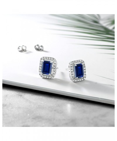 925 Sterling Silver Blue Created Sapphire Earrings For Women (3.48 Cttw, Emerald Cut 8X6MM) $20.64 Earrings