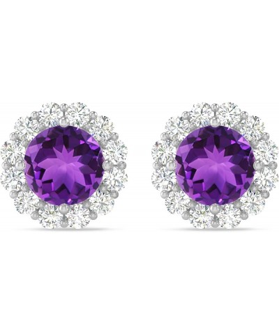 Inspereza Round Gemstone and Round Diamond Halo Stud Earrings in 14kt Gold (6 MM gemstone) Amethyst $539.20 Earrings