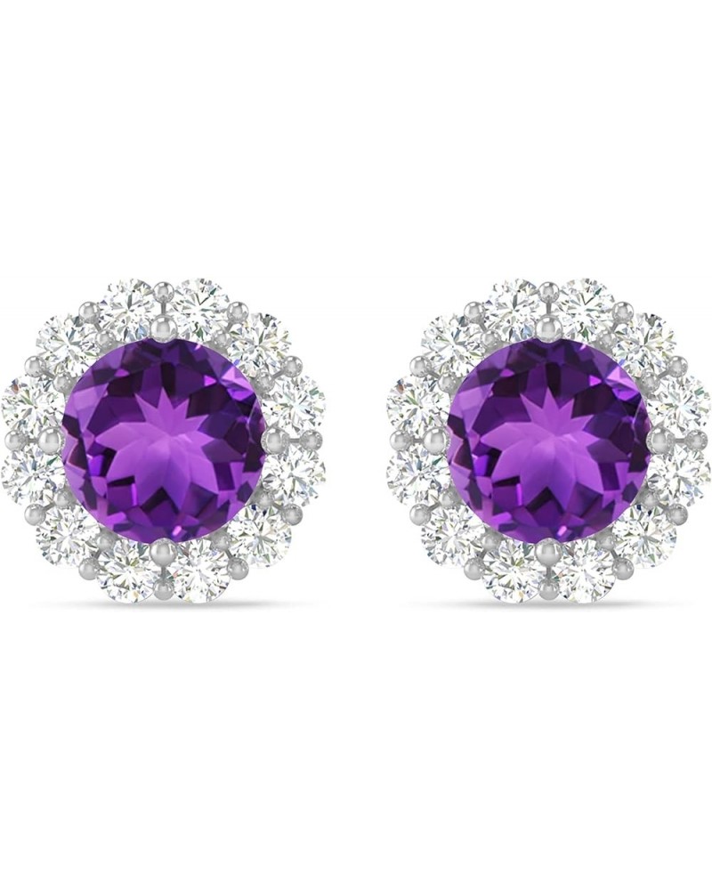 Inspereza Round Gemstone and Round Diamond Halo Stud Earrings in 14kt Gold (6 MM gemstone) Amethyst $539.20 Earrings