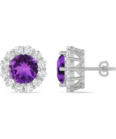 Inspereza Round Gemstone and Round Diamond Halo Stud Earrings in 14kt Gold (6 MM gemstone) Amethyst $539.20 Earrings