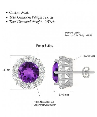 Inspereza Round Gemstone and Round Diamond Halo Stud Earrings in 14kt Gold (6 MM gemstone) Amethyst $539.20 Earrings