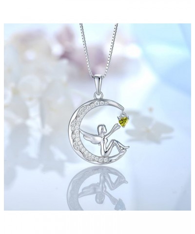 Fairy Moon Necklace for Women Birthstone Crescent Moon Angel Necklace Sterling Silver plated 18K White Gold August - Peridot ...