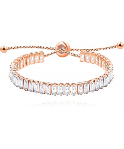 Classic Emerald Cut Baguette Cubic Zirconia Eternity Tennis Bracelet Adjustable for Women Y1788 Rose Gold-white $7.27 Bracelets