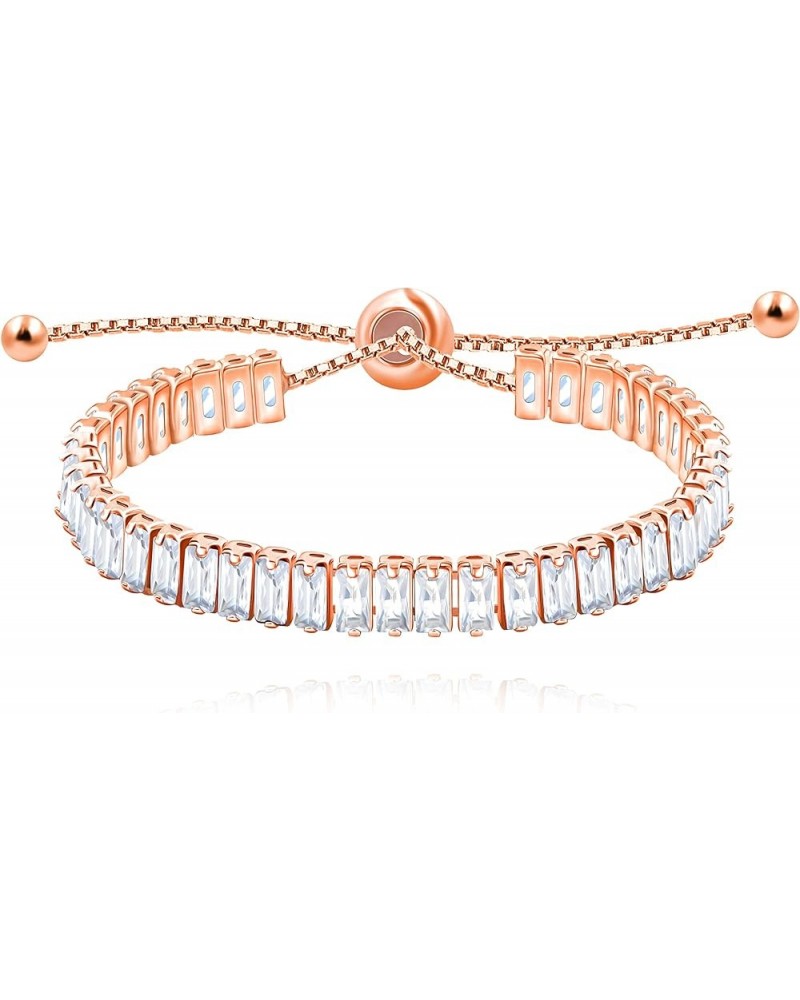 Classic Emerald Cut Baguette Cubic Zirconia Eternity Tennis Bracelet Adjustable for Women Y1788 Rose Gold-white $7.27 Bracelets