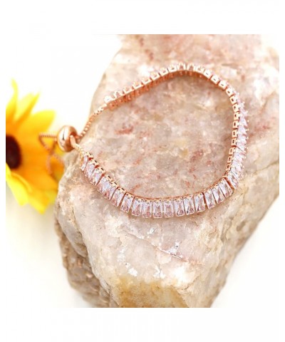 Classic Emerald Cut Baguette Cubic Zirconia Eternity Tennis Bracelet Adjustable for Women Y1788 Rose Gold-white $7.27 Bracelets