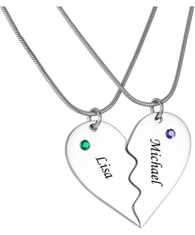 Stainless Steel Personalized Key Heart Puzzle Necklace Set with Birthstones - Custom Made with Any Name 2 Half Heart-Silver $...