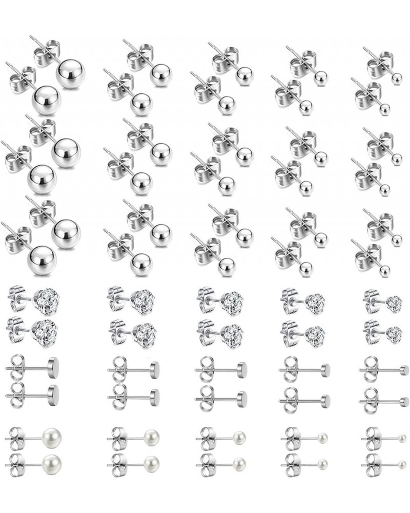 15-30 Pairs Stainless Steel Stud Earrings Set, Hypoallergenic Cartilage Stud Earrings for Women, Bulk Surgical Steel Ball CZ ...