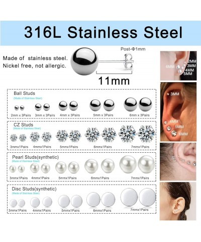 15-30 Pairs Stainless Steel Stud Earrings Set, Hypoallergenic Cartilage Stud Earrings for Women, Bulk Surgical Steel Ball CZ ...