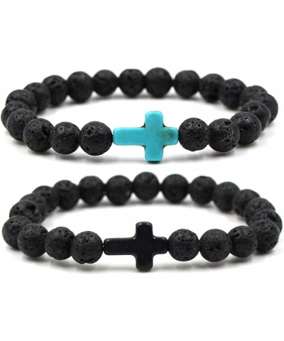 2Pcs Lava Rock Stone Beaded Bracelet, Cross Charm Natural Volcanic Stone beads Turquoise Stretch Bracelet for Women Men Relig...